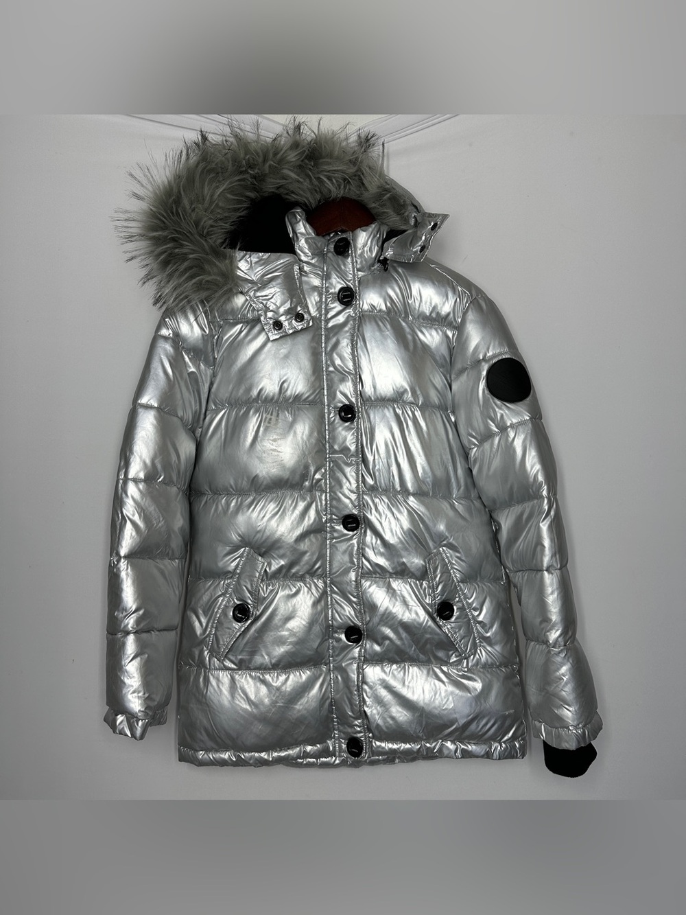 Diesel Teens Silver Metallic Winter Puffer Parka Jacket Size 16 teen Fur Hood